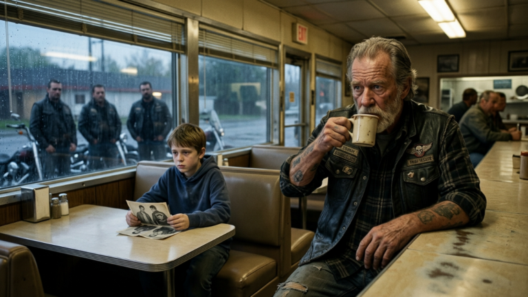 A Nervous Boy Sat Alone In A Diner While Strangers Waited Outside… What He Unfolded On The Table Made A Biker Instantly Stand Up.