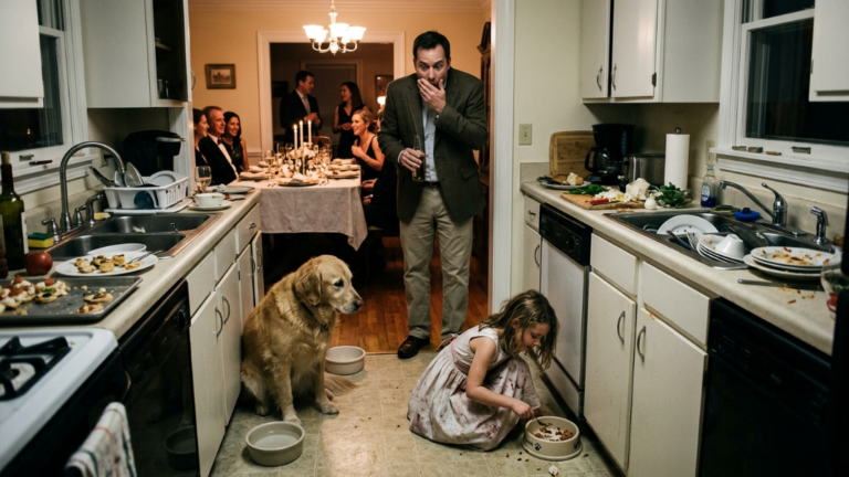 “The dinner party was supposed to be perfect… until the father walked into the kitchen and discovered his daughter eating leftovers from a dog’s bowl that had been left on the floor.”