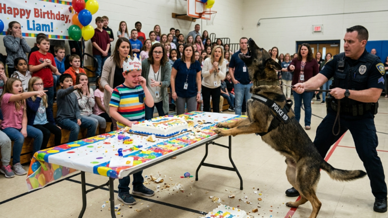 A Police K9 Lunged And Destroyed An 8-Year-Old’s Birthday Cake… Seconds Later, The Entire Gym Erupted In Screams.