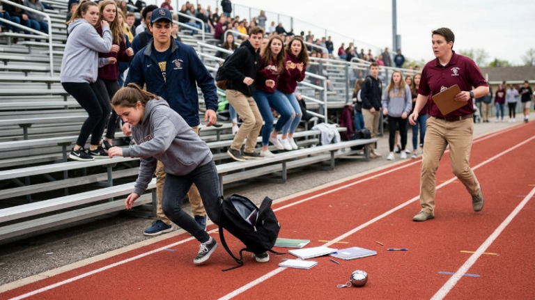 PART 2: The impact against the hot aluminum bleachers echoed across the track field like a car crash.