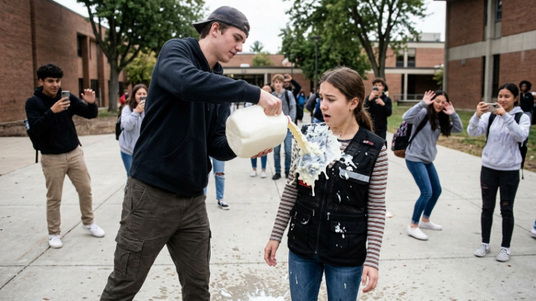 PART 2: The sharp, rotting stench of spoiled milk hit Chloe’s face a split second before the freezing liquid soaked directly into the heavy medical vest strapped across her chest.