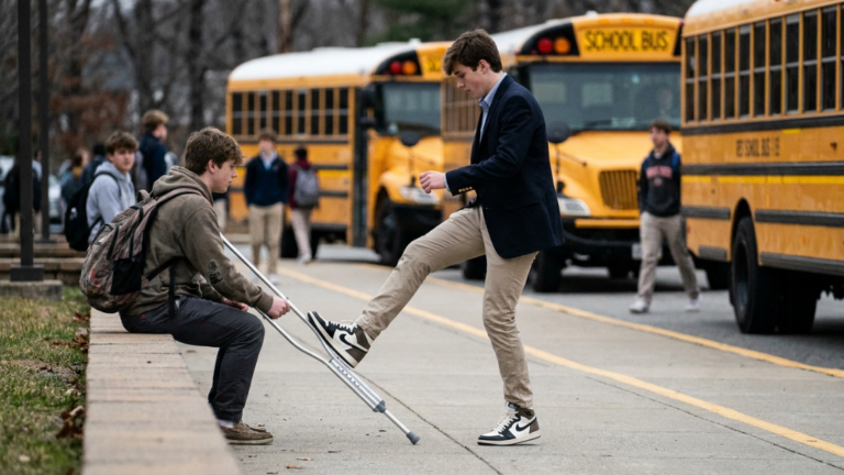 Students Mocked A Disabled Boy For Sitting Sadly Beside His School Bag Near The School Bus Every Morning Before Hiding In The Principal’s Office Instead Of Going To Class… They Never Expected The Furious Person Who Found Out The Reason Why.