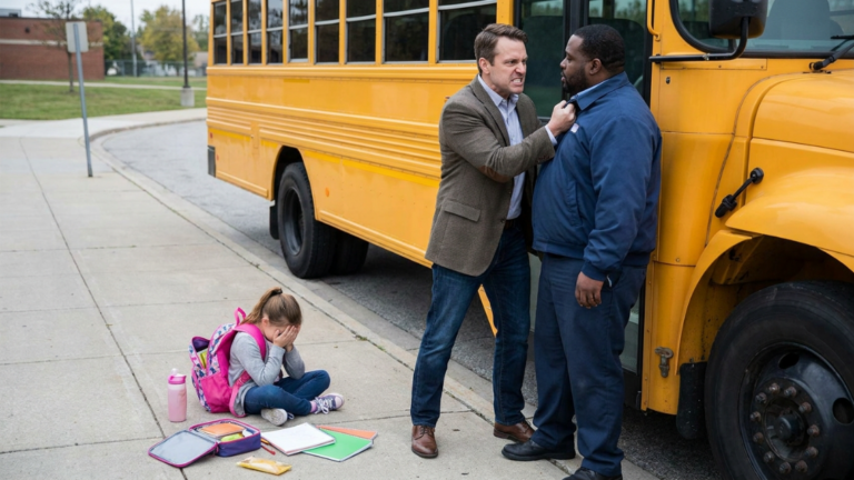 The School Bus Driver Played Victim After A Furious Father Found His Little Girl Crying Beside Her School Bag Next To The Bus And Grabbed The Driver’s Collar In Front Of Everyone — Then The Security Footage Revealed The Crime He Had Done To The Child.