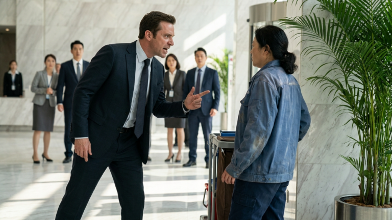“Get Out, You Dirty Cleaner!” The Employee Kicked The Old Woman In Front Of Everyone — Unaware She Was His Billionaire Boss’s Mother, And Her Son Was Watching From Upstairs…