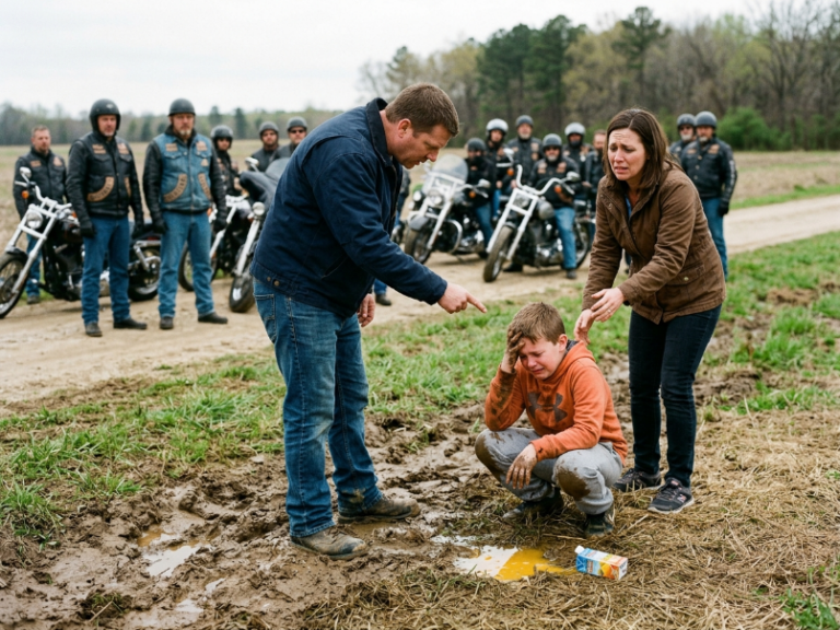 “Pathetic!” My cruel husband forced our autistic son into the mud over spilled juice—blind to the massive biker gang watching us nearby..