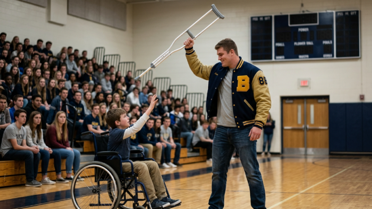 An Arrogant Football Captain Stole A Paralyzed Boy’s Crutch In Front Of The Entire Gym… But When The Giant Scoreboard Screen Suddenly Lit Up, The Whole School Realized Who Was Actually Watching The Live Broadcast.