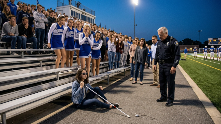 The Arrogant Cheerleaders Shoved The Blind Girl Off The Bleachers In Front Of The Whole School… But When The Old Police Chief Saw The Necklace Fall From Her Hands, The Entire Football Field Went Dead Quiet.