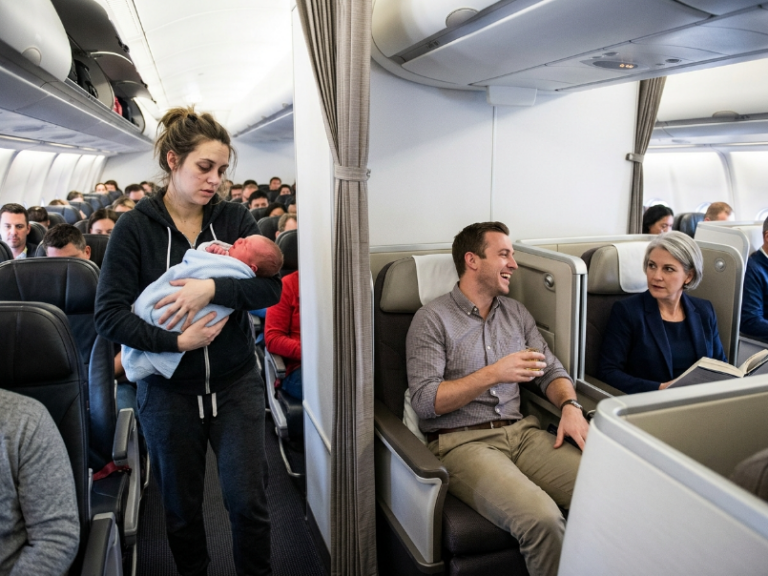 “Losers fly coach!” My ex smirked from 1st class while I held our sick newborn. He wasn’t ready for the VIP stranger’s brutal reality check.