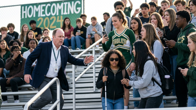 The Arrogant Head Cheerleader Shoved The Blind Girl Off The Homecoming Bleachers And Laughed While Recording… But When The Principal Ran Over With A Dead Pale Face, The Whole School Realized Where That Video Was Uploading.