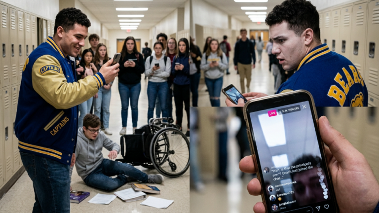 An Arrogant Football Captain Dragged A Disabled Student From His Wheelchair And Livestreamed The Cruel Attack To Thousands… But When He Read The Very First Comment On The Screen, His Smirk Vanished And His Face Went Dead Pale.