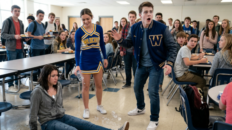 The Cruel Cheerleader Shoved The Limping Girl To The Cafeteria Floor And Poured Ice Water On Her Head… But When The Star Quarterback Saw The Silver Tag Hiding Under Her Collar, His Face Went Pale And He Screamed For Everyone To Stop.