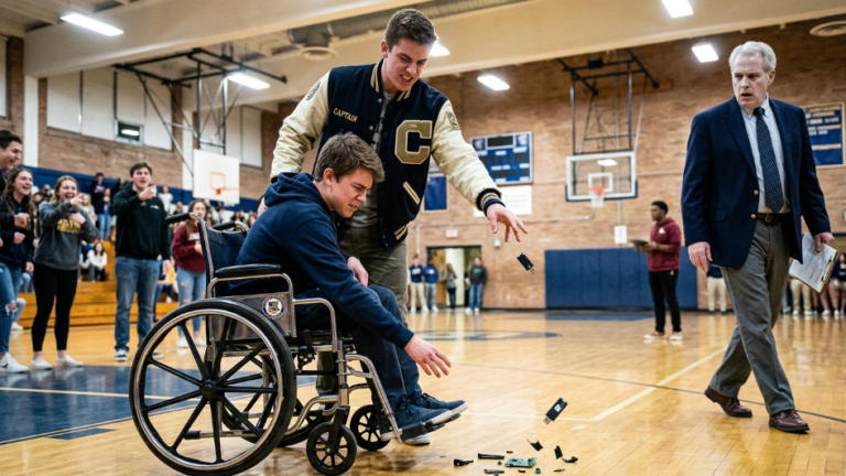 The Arrogant Football Captain Dragged A Paralyzed Boy From His Wheelchair And Smashed His USB Drive While The Whole Gym Laughed… But When The Old Judge Saw The Broken Pieces, His Face Turned Dead Pale.