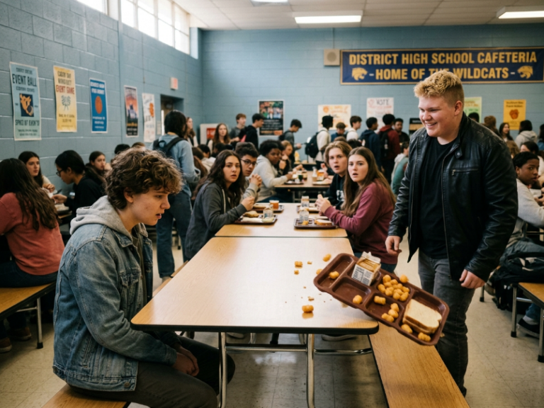 The school bully smirked, kicking my lunch tray across the room on day one—he didn’t know targeting the new kid was a fatal mistake…