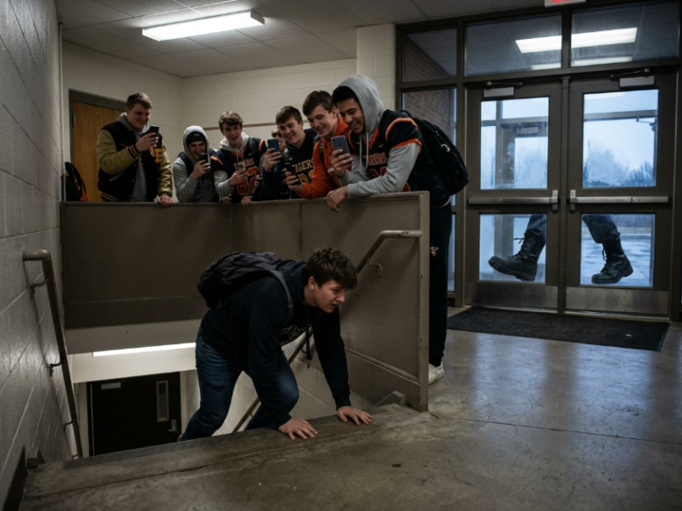 “Loser!” The entire football team filmed me crawling, mocking my dead dad—but no one heard the heavy boots approaching the school doors…