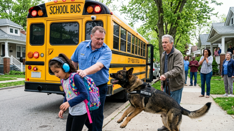 A Bus Driver Confronted A Silent Autistic Girl In Front Of The Neighborhood, But When A Retired Police K9 Stepped Beside Her, Everyone Turned To Watch As The Bus Camera Revealed An Unexpected Truth