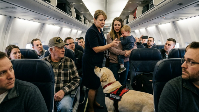 A Cruel Flight Attendant Tried To Kick A Single Mother And Her Crying Son Off The Plane… But When The Old Marine’s Service Dog Refused To Let Them Pass, The Whole Cabin Knew Something Was Wrong.