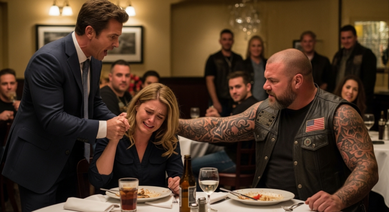 “You can’t hide!” My toxic ex ambushed me at a diner. He smirked, thinking he won—unaware the 6’4″ biker sitting across from me was…