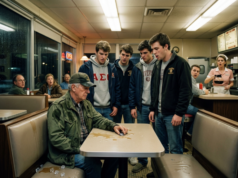 “You’re nothing!” 4 college kids drenched a 72yo vet in a diner. He stayed quiet, then placed 1 small object on the table. The room froze…