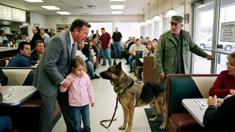 A Businessman Drew Attention To A Little Girl During A Crowded Sunday Breakfast, But When A Retired Military K9 Refused To Leave Her Side, An Old Veteran Made An Unexpected Discovery